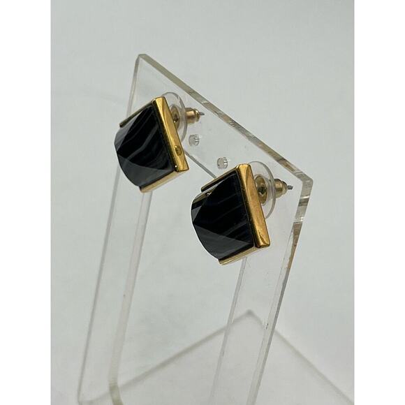 Henri Bendel Gold Plated Black Onyx Pyramid Studs Earrings - Picture 7 of 15